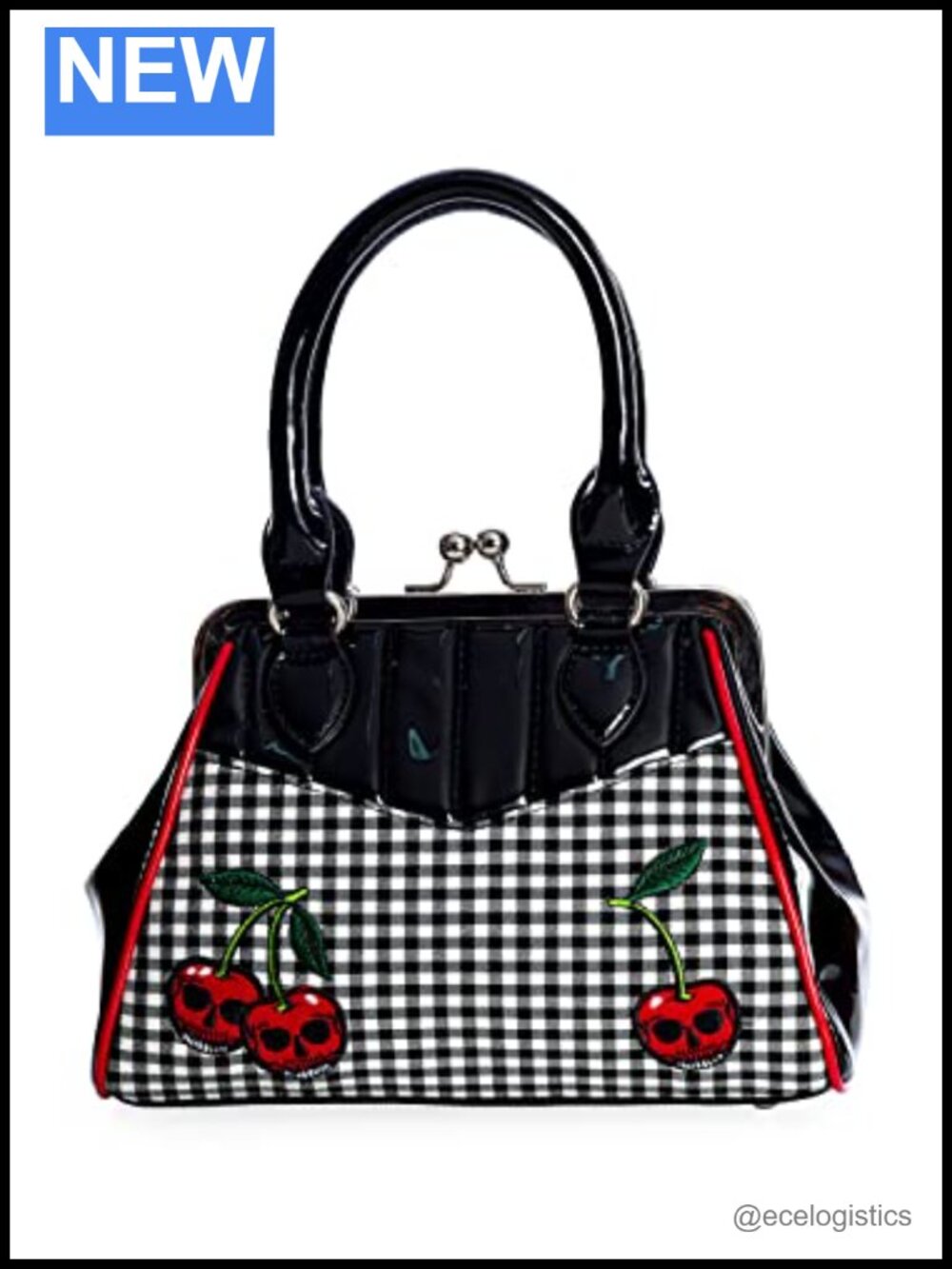 Vegan Leather Kisslock Handbag Rockabilly Cherry Skull Retro Purse Crossbody